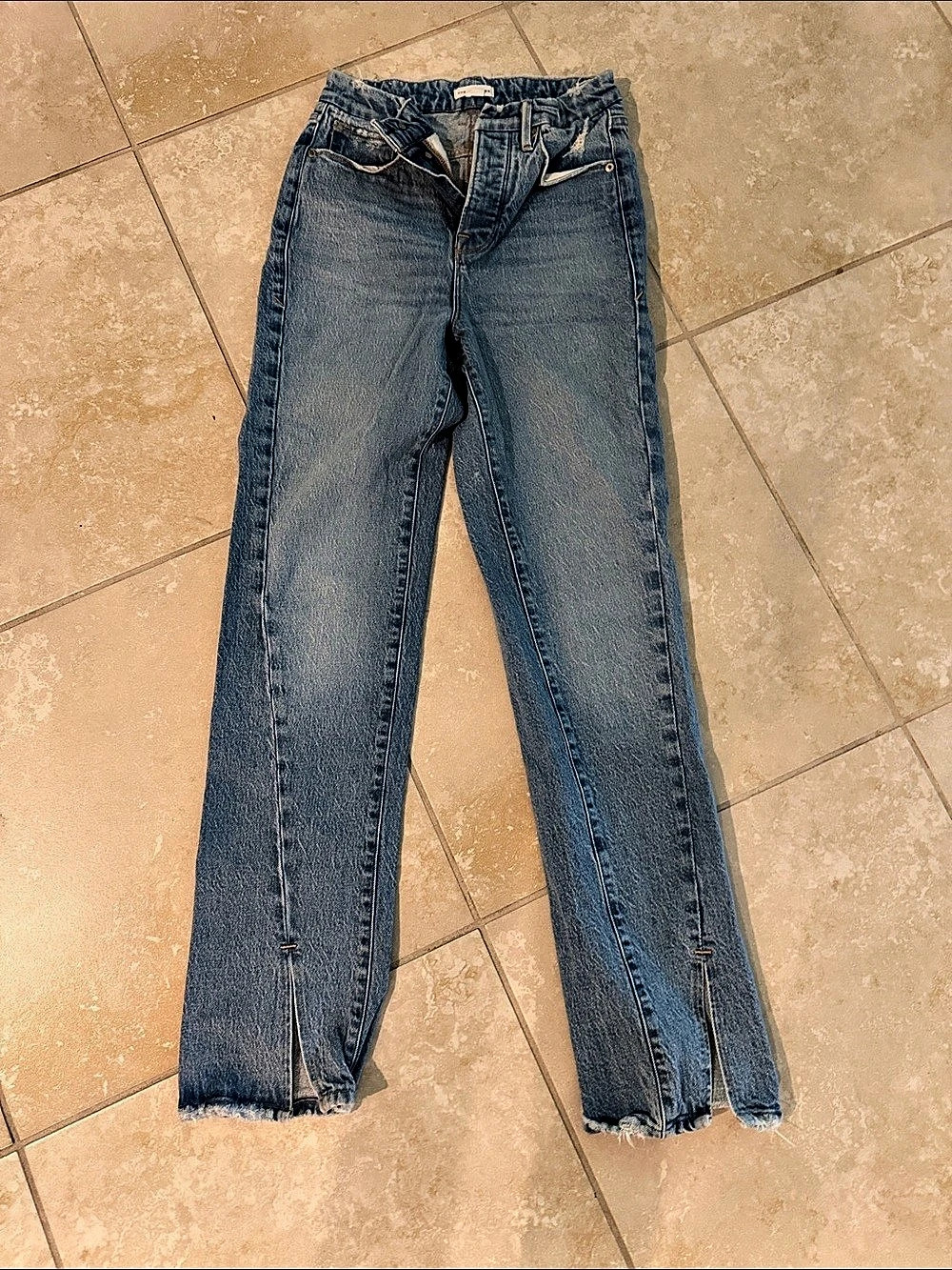 Good American Good Boy Split Hem Straight Leg Jeans Waist 0/25 Blue